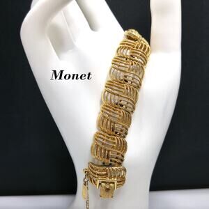 Monet Golden Weave Bracelet Gold Plated Filigree 1960s Vintage Jewelry Signed